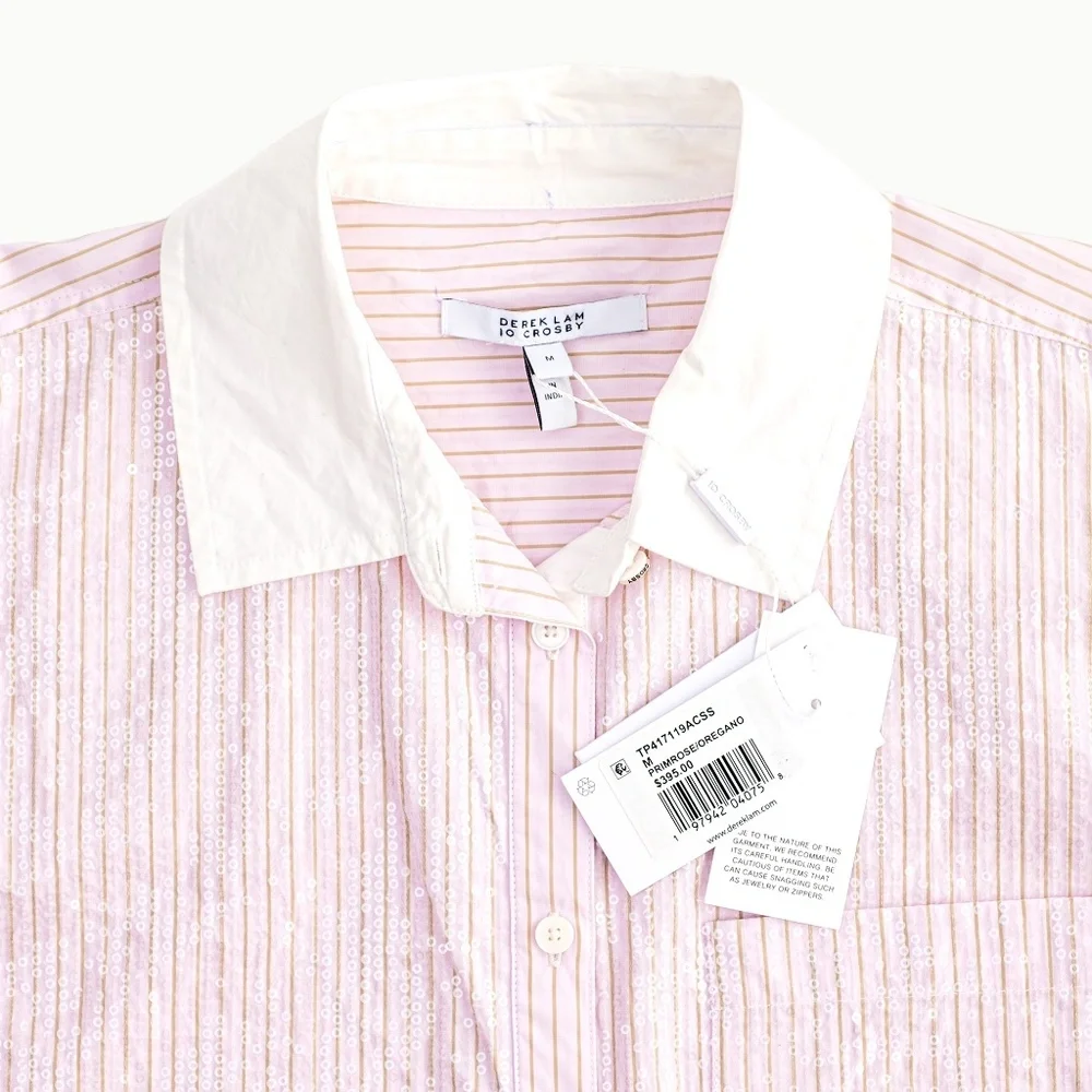 NWT Derek Lam 10 Crosby Wesley Sequined Striped Cotton Shirt Pink $395 - Size M - Picture 9 of 12